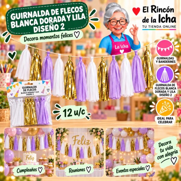 RI-0010266 Guirnalda De Flecos Blanca Dorada Y Lila Diseño 2 Feliz