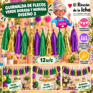 RI-0010267 Guirnalda De Flecos Verde Dorada Y Morada Diseño 3 Feliz