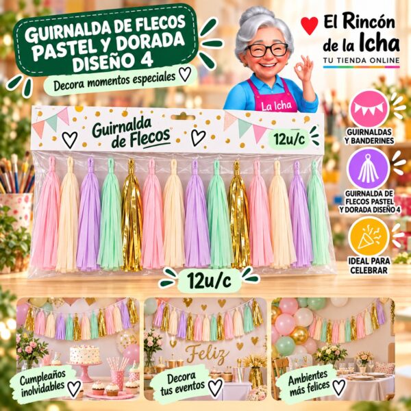 RI-0010268 Guirnalda De Flecos Pastel Y Dorada Diseño 4 Feliz