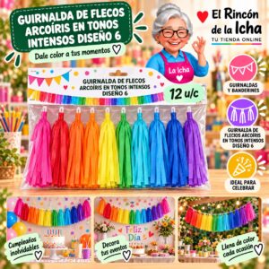 RI-0010270 Guirnalda De Flecos Arcoíris En Tonos Intensos Diseño 6 Feliz