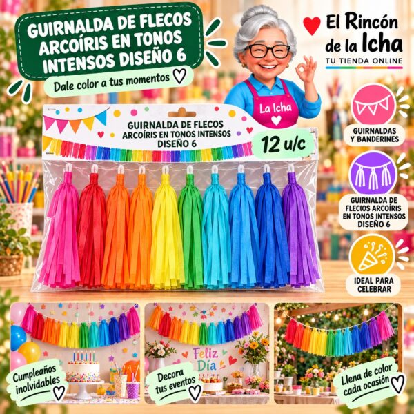 RI-0010270 Guirnalda De Flecos Arcoíris En Tonos Intensos Diseño 6 Feliz