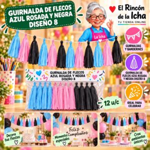 RI-0010272 Guirnalda De Flecos Azul Rosada Y Negra Diseño 8 Feliz