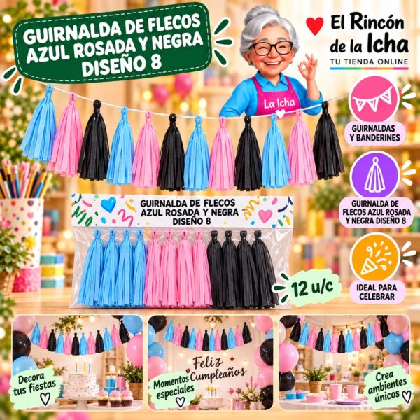 RI-0010272 Guirnalda De Flecos Azul Rosada Y Negra Diseño 8 Feliz