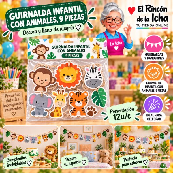 RI-0010274 Guirnalda Infantil Con Animales, 9 Piezas Feliz