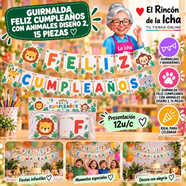 RI-0010275 Guirnalda Feliz Cumpleaños Con Animales Diseño 2, 15 Piezas Feliz