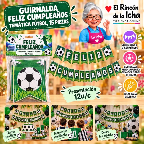 RI-0010276 Guirnalda Feliz Cumpleaños Temática Fútbol, 15 Piezas Feliz