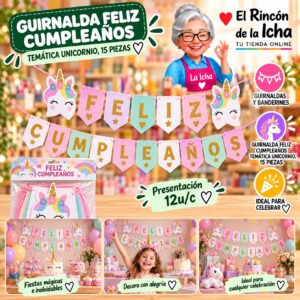RI-0010277 Guirnalda Feliz Cumpleaños Temática Unicornio, 15 Piezas Feliz