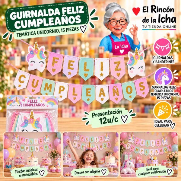 RI-0010277 Guirnalda Feliz Cumpleaños Temática Unicornio, 15 Piezas Feliz