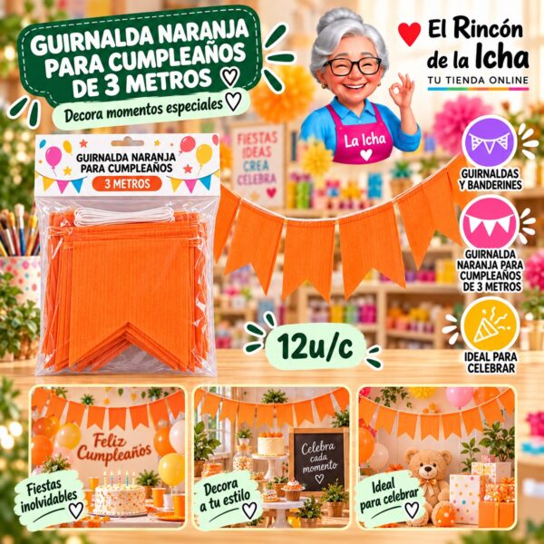 RI-0010282 Guirnalda Naranja Para Cumpleaños De 3 Metros Feliz
