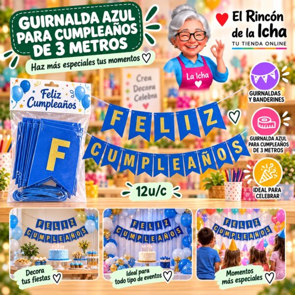 RI-0010283 Guirnalda Azul Para Cumpleaños De 3 Metros Feliz