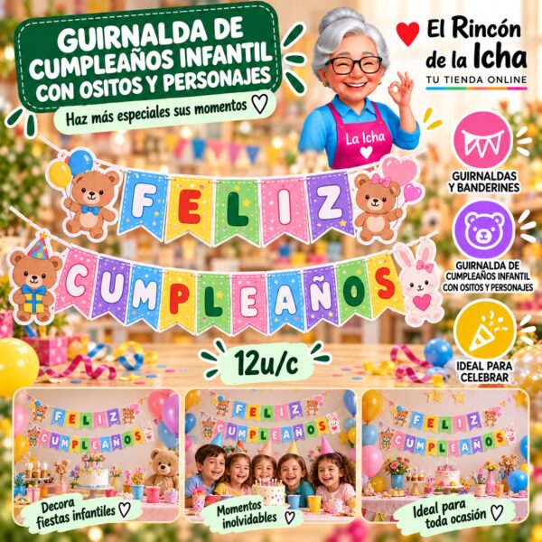 RI-0010285 Guirnalda De Cumpleaños Infantil Con Ositos Y Personajes Feliz