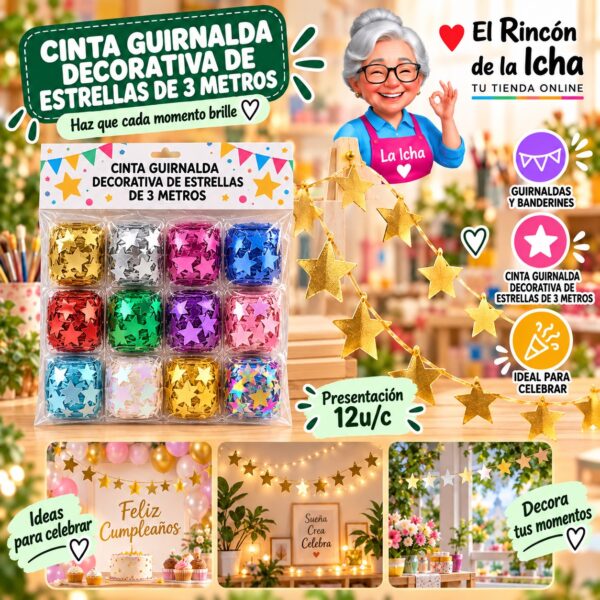 RI-0010287 Cinta Guirnalda Decorativa De Estrellas De 3 Metros Feliz