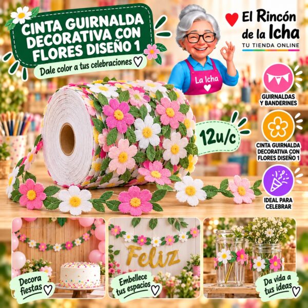 RI-0010290 Cinta Guirnalda Decorativa Con Flores Diseño 1 Feliz