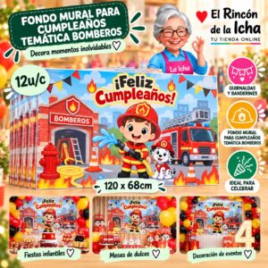 RI-0010295 Fondo Mural Para Cumpleaños Temática Bomberos Feliz