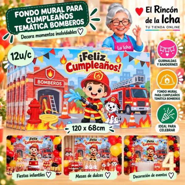 RI-0010295 Fondo Mural Para Cumpleaños Temática Bomberos Feliz