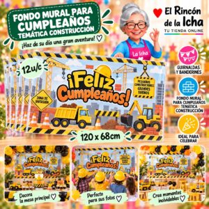 RI-0010297 Fondo Mural Para Cumpleaños Temática Construcción Feliz