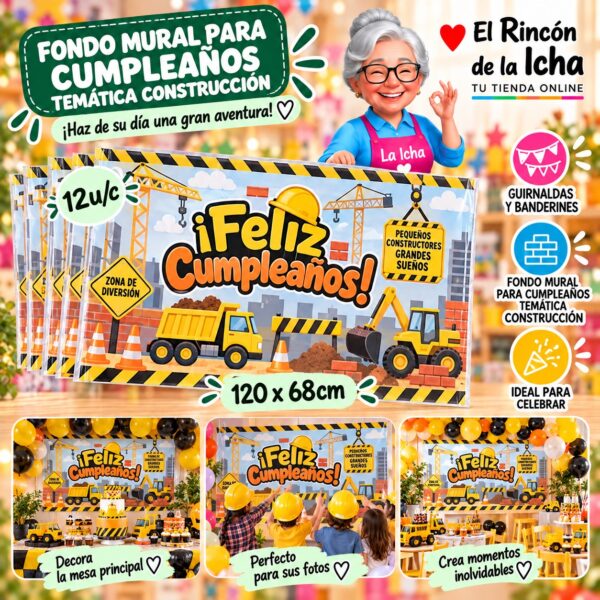 RI-0010297 Fondo Mural Para Cumpleaños Temática Construcción Feliz