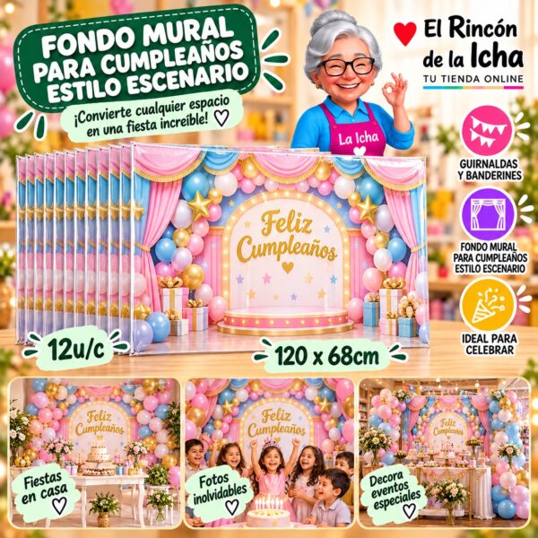 RI-0010299 Fondo Mural Para Cumpleaños Estilo Escenario Feliz