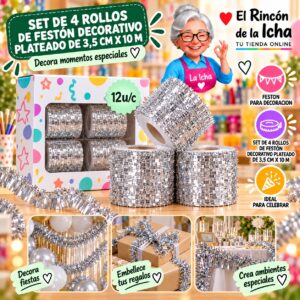 RI-0010300 Set De 4 Rollos De Festón Decorativo Plateado De 3,5 Cm X 10 M Feliz