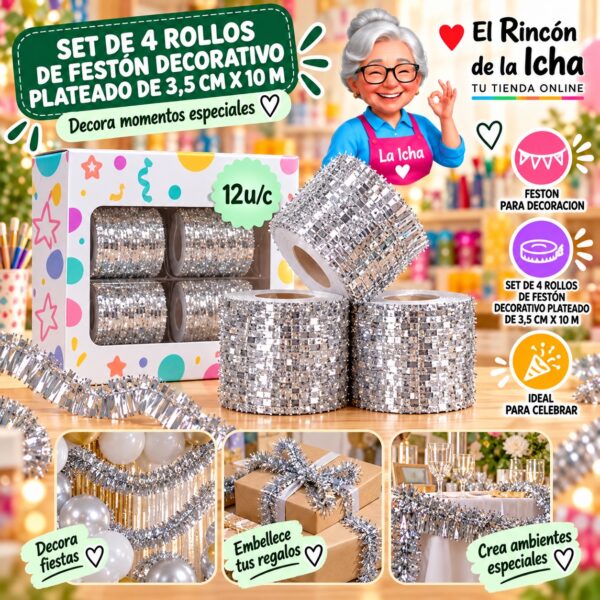 RI-0010300 Set De 4 Rollos De Festón Decorativo Plateado De 3,5 Cm X 10 M Feliz
