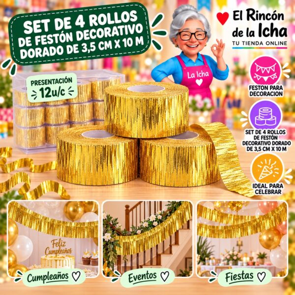 RI-0010301 Set De 4 Rollos De Festón Decorativo Dorado De 3,5 Cm X 10 M Feliz