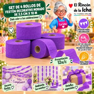 RI-0010302 Set De 4 Rollos De Festón Decorativo Morado De 3,5 Cm X 10 M Feliz