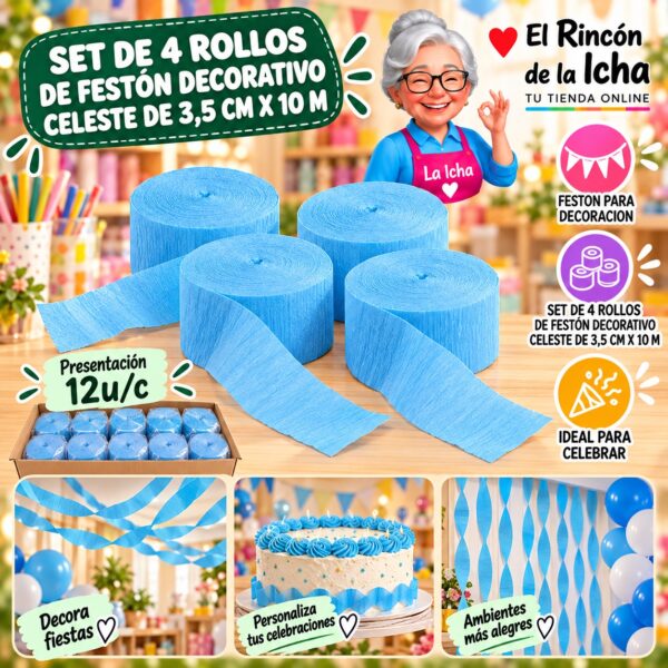 RI-0010303 Set De 4 Rollos De Festón Decorativo Celeste De 3,5 Cm X 10 M Feliz