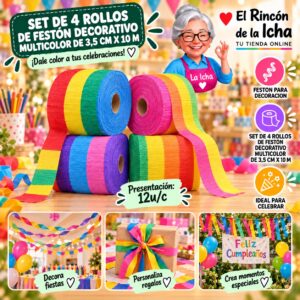 RI-0010304 Set De 4 Rollos De Festón Decorativo Multicolor De 3,5 Cm X 10 M Feliz