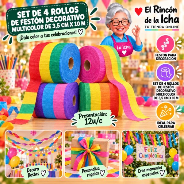 RI-0010304 Set De 4 Rollos De Festón Decorativo Multicolor De 3,5 Cm X 10 M Feliz