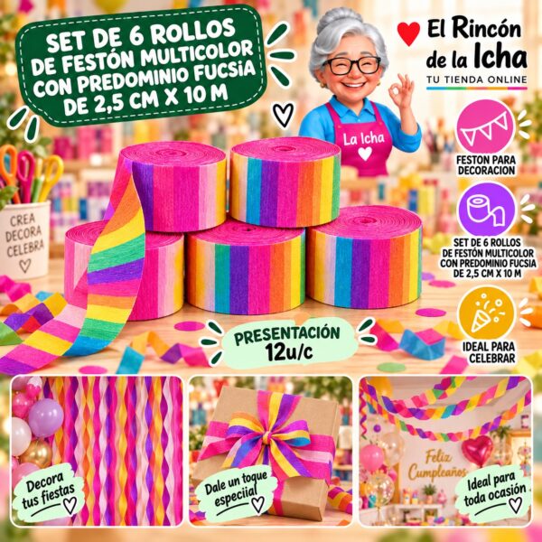 RI-0010306 Set De 6 Rollos De Festón Multicolor Con Predominio Fucsia De 2,5 Cm X 10 M Feliz