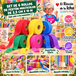 RI-0010307 Set De 6 Rollos De Festón Multicolor De 2,5 Cm X 10 M Feliz