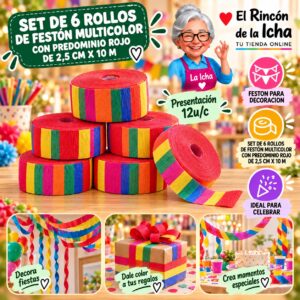RI-0010308 Set De 6 Rollos De Festón Multicolor Con Predominio Rojo De 2,5 Cm X 10 M Feliz