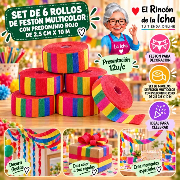 RI-0010308 Set De 6 Rollos De Festón Multicolor Con Predominio Rojo De 2,5 Cm X 10 M Feliz
