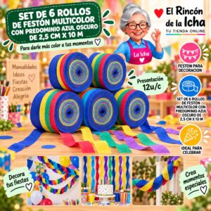 RI-0010309 Set De 6 Rollos De Festón Multicolor Con Predominio Azul Oscuro De 2,5 Cm X 10 M Feliz