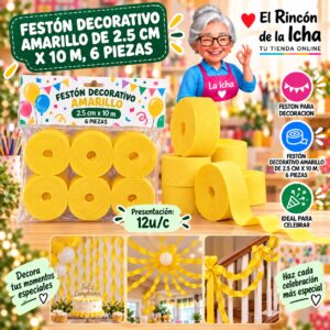 RI-0010310 Festón Decorativo Amarillo De 2.5 Cm X 10 M, 6 Piezas Feliz