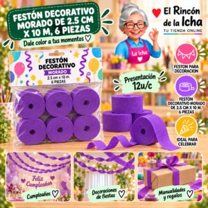 RI-0010311 Festón Decorativo Morado De 2.5 Cm X 10 M, 6 Piezas Feliz