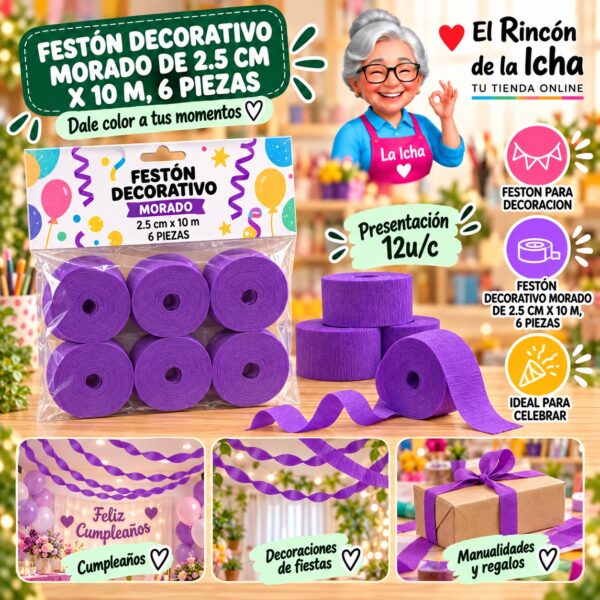RI-0010311 Festón Decorativo Morado De 2.5 Cm X 10 M, 6 Piezas Feliz