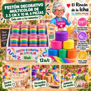 RI-0010312 Festón Decorativo Multicolor De 2.5 Cm X 10 M, 6 Piezas Feliz