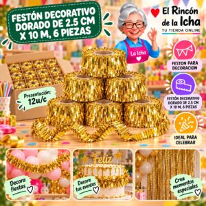 RI-0010313 Festón Decorativo Dorado De 2.5 Cm X 10 M, 6 Piezas Feliz