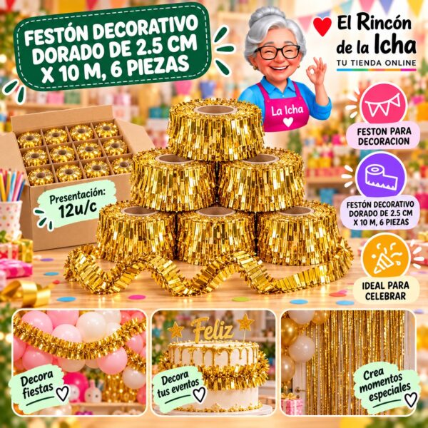 RI-0010313 Festón Decorativo Dorado De 2.5 Cm X 10 M, 6 Piezas Feliz