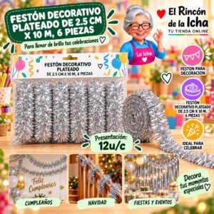 RI-0010314 Festón Decorativo Plateado De 2.5 Cm X 10 M, 6 Piezas Feliz