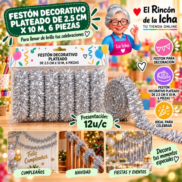 RI-0010314 Festón Decorativo Plateado De 2.5 Cm X 10 M, 6 Piezas Feliz