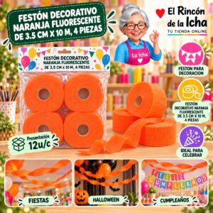 RI-0010315 Festón Decorativo Naranja Fluorescente De 3.5 Cm X 10 M, 4 Piezas Feliz
