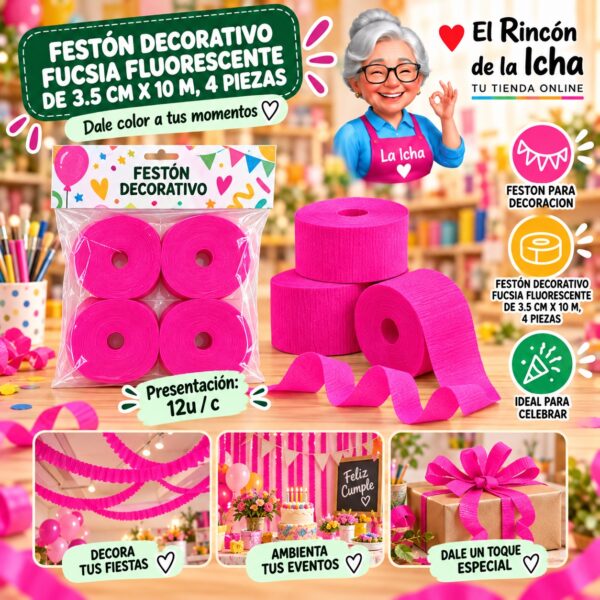 RI-0010316 Festón Decorativo Fucsia Fluorescente De 3.5 Cm X 10 M, 4 Piezas Feliz