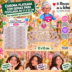 RI-0010320 Corona Plateada Con Gemas Para Festejada De 17 X 12 Cm Feliz