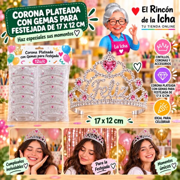 Corona Plateada Con Gemas Para Festejada De 17 X 12 Cm Feliz