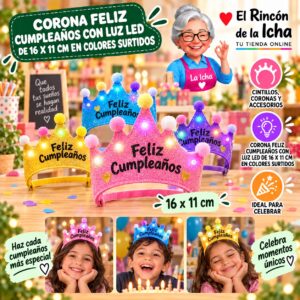 RI-0010321 Corona Feliz Cumpleaños Con Luz Led De 16 X 11 Cm En Colores Surtidos Feliz