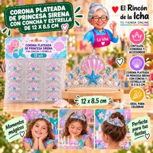 RI-0010323 Corona Plateada De Princesa Sirena Con Concha Y Estrella De 12 X 8.5 Cm Feliz