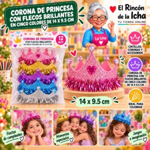 RI-0010324 Corona De Princesa Con Flecos Brillantes En Cinco Colores De 14 X 9.5 Cm Feliz
