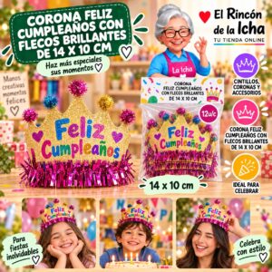 RI-0010326 Corona Feliz Cumpleaños Con Flecos Brillantes De 14 X 10 Cm Feliz